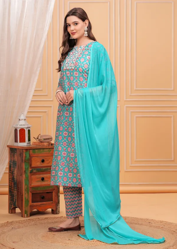 Sky_Floral_Printed_Notch_Neck_Thread_Work_Pure_Cotton_Kurta_With_Palazzos_&_Dupatta_For_Women