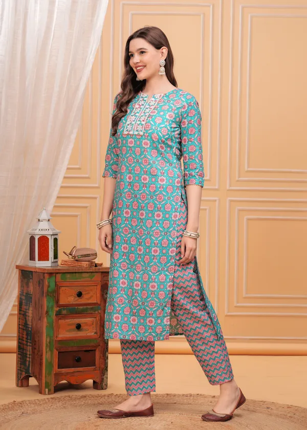 Sky_Floral_Printed_Notch_Neck_Thread_Work_Pure_Cotton_Kurta_With_Palazzos_&_Dupatta_For_Women
