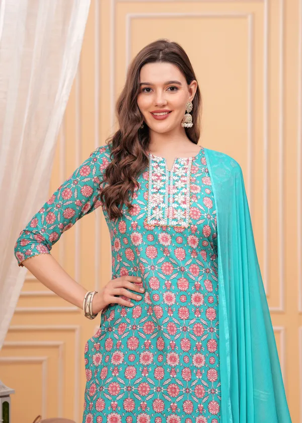 Sky_Floral_Printed_Notch_Neck_Thread_Work_Pure_Cotton_Kurta_With_Palazzos_&_Dupatta_For_Women