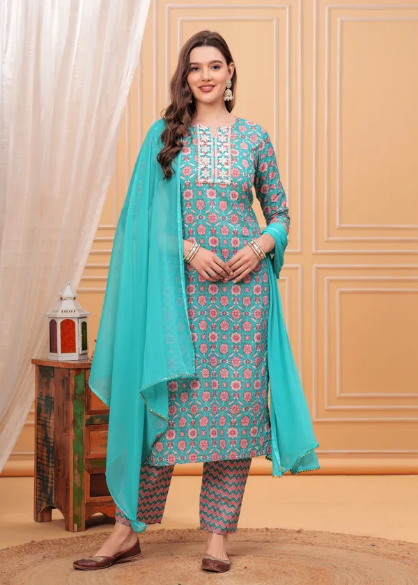 Sky_Floral_Printed_Notch_Neck_Thread_Work_Pure_Cotton_Kurta_With_Palazzos_&_Dupatta_For_Women