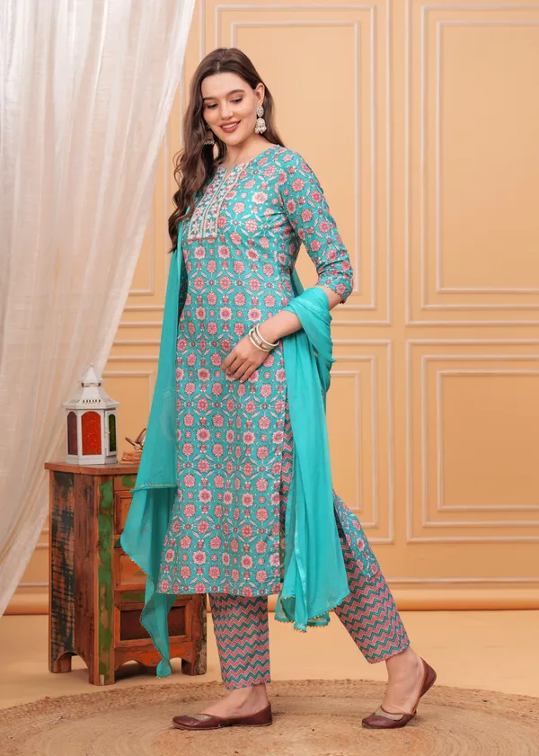Sky_Floral_Printed_Notch_Neck_Thread_Work_Pure_Cotton_Kurta_With_Palazzos_&_Dupatta_For_Women