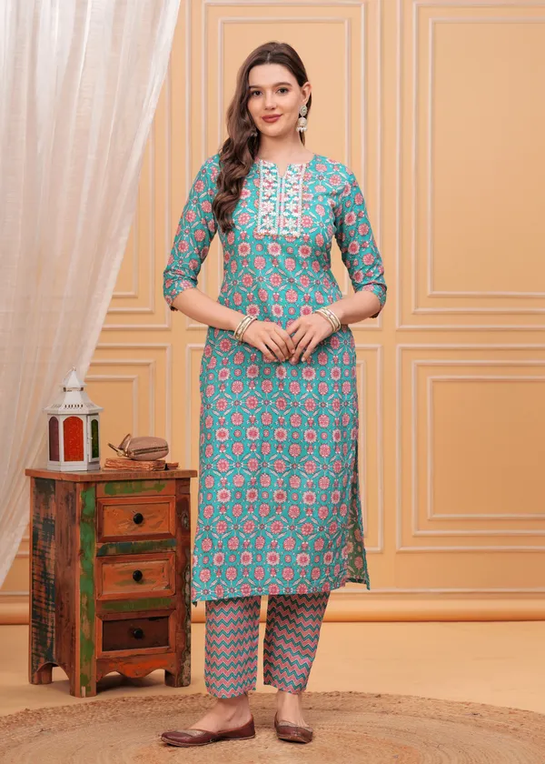 Sky_Floral_Printed_Notch_Neck_Thread_Work_Pure_Cotton_Kurta_With_Palazzos_&_Dupatta_For_Women