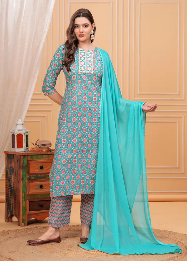 Sky_Floral_Printed_Notch_Neck_Thread_Work_Pure_Cotton_Kurta_With_Palazzos_&_Dupatta_For_Women