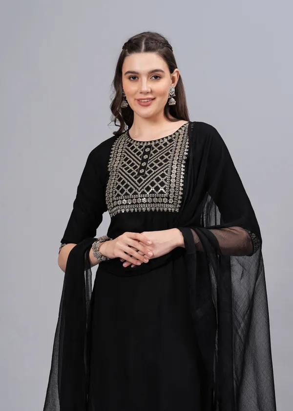 Black_Floral_Embroidered_Regular_Sequinned_Kurta_With_Palazzos_&_With_Dupatta_For_Women
