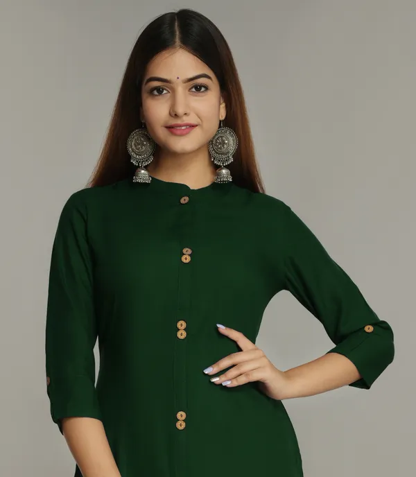 Dark_Green_Mandarin_Collar_Roll-Up_Sleeves_Straight_Kurta_For_Women
