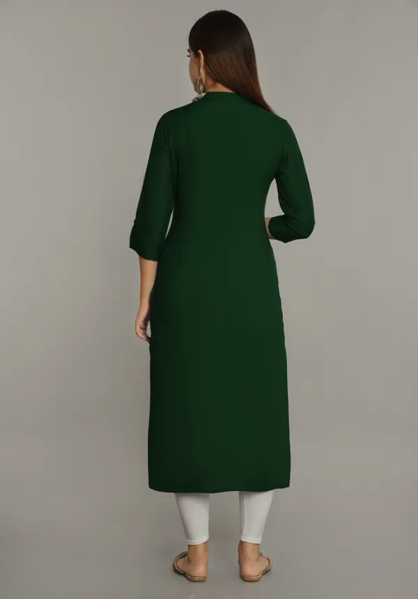 Dark_Green_Mandarin_Collar_Roll-Up_Sleeves_Straight_Kurta_For_Women