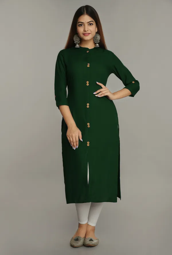 Dark_Green_Mandarin_Collar_Roll-Up_Sleeves_Straight_Kurta_For_Women