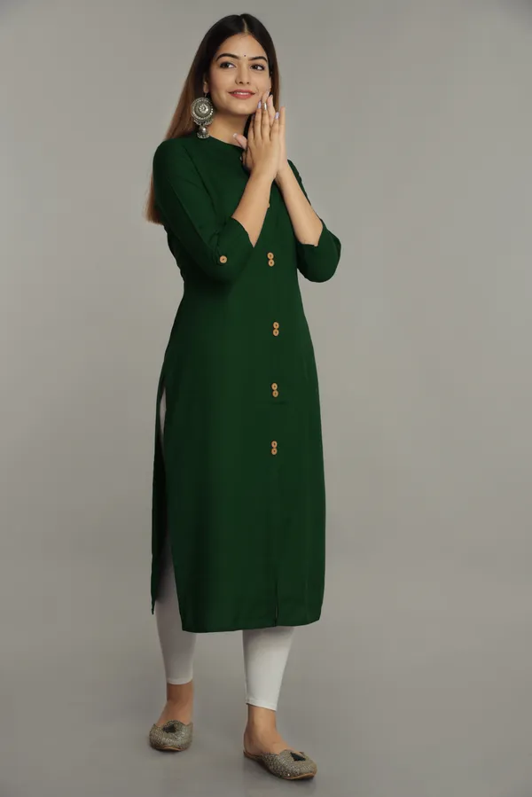 Dark_Green_Mandarin_Collar_Roll-Up_Sleeves_Straight_Kurta_For_Women