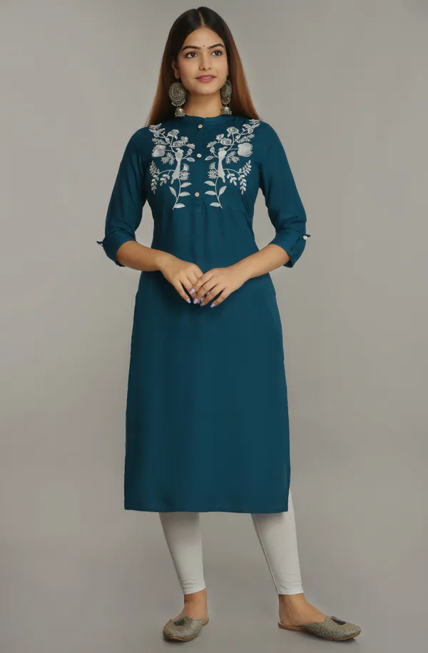 Petrol_Blue_Embroidered_Straight_Kurta_For_Women