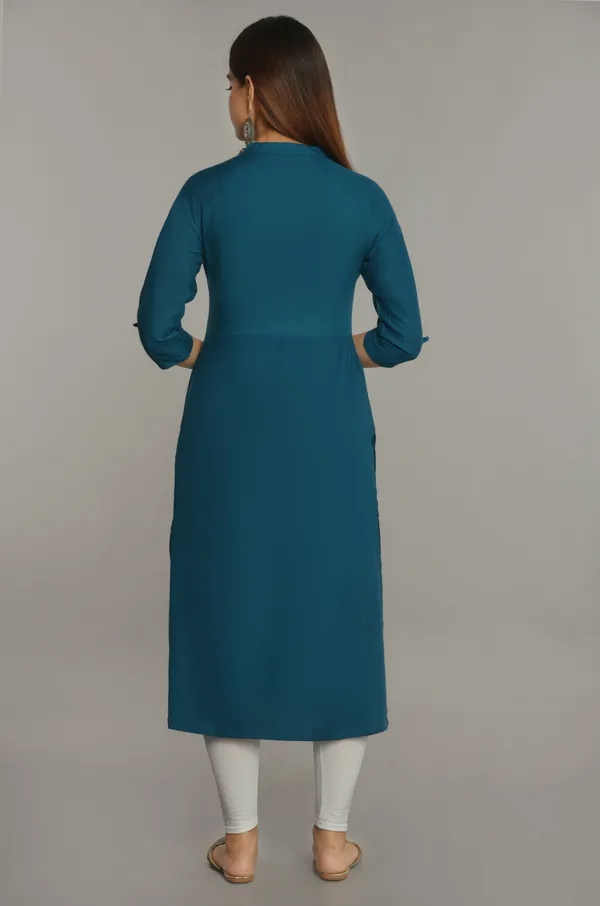 Petrol_Blue_Embroidered_Straight_Kurta_For_Women