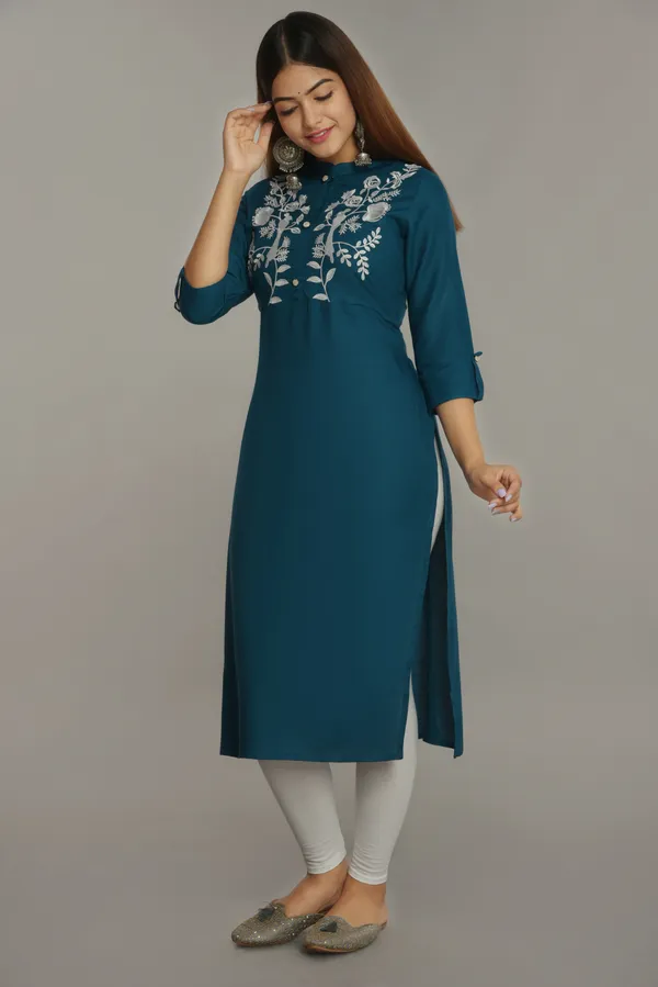 Petrol_Blue_Embroidered_Straight_Kurta_For_Women