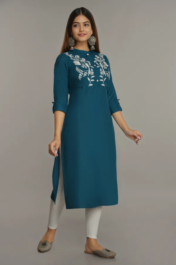 Petrol_Blue_Embroidered_Straight_Kurta_For_Women