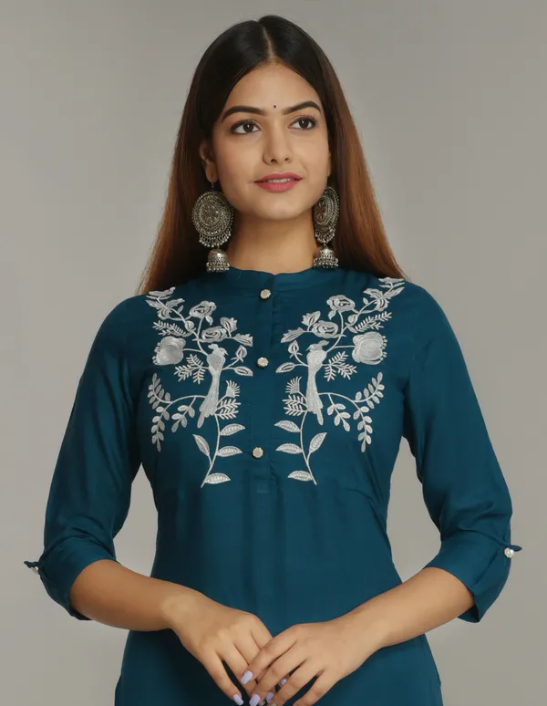 Petrol_Blue_Embroidered_Straight_Kurta_For_Women