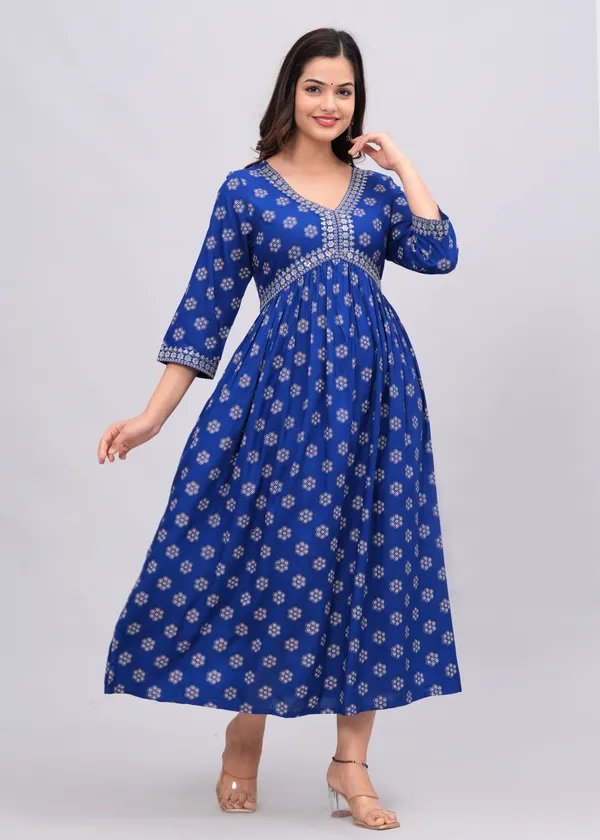 Blue_Floral_Printed_V-Neck_Sequinned_Empire_Midi_Ethnic_Dress_For_Women