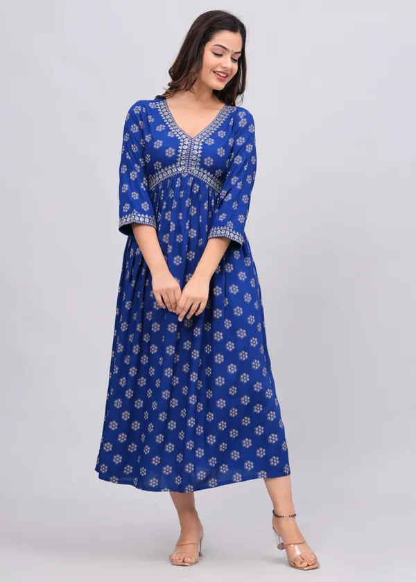 Blue_Floral_Printed_V-Neck_Sequinned_Empire_Midi_Ethnic_Dress_For_Women