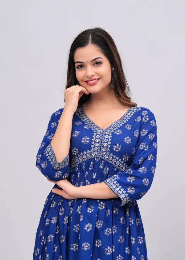 Blue_Floral_Printed_V-Neck_Sequinned_Empire_Midi_Ethnic_Dress_For_Women