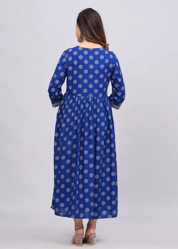 Blue_Floral_Printed_V-Neck_Sequinned_Empire_Midi_Ethnic_Dress_For_Women