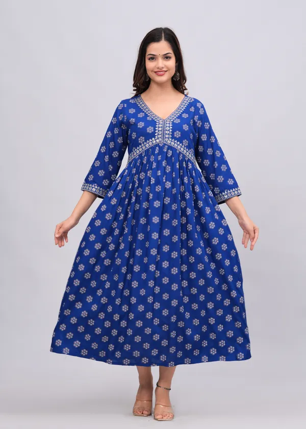 Blue_Floral_Printed_V-Neck_Sequinned_Empire_Midi_Ethnic_Dress_For_Women