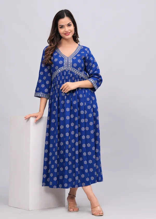 Blue_Floral_Printed_V-Neck_Sequinned_Empire_Midi_Ethnic_Dress_For_Women