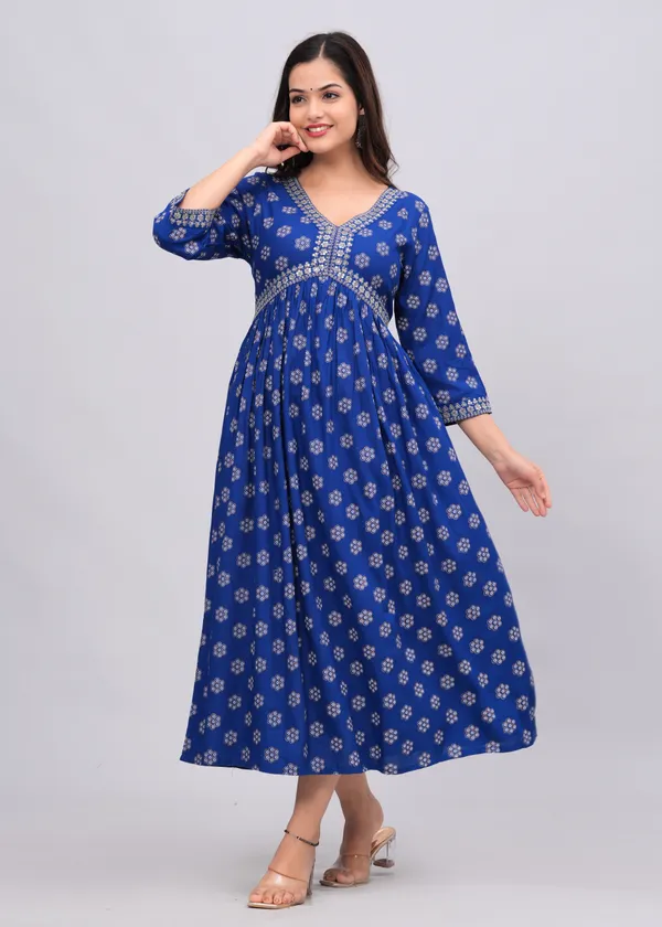 Blue_Floral_Printed_V-Neck_Sequinned_Empire_Midi_Ethnic_Dress_For_Women