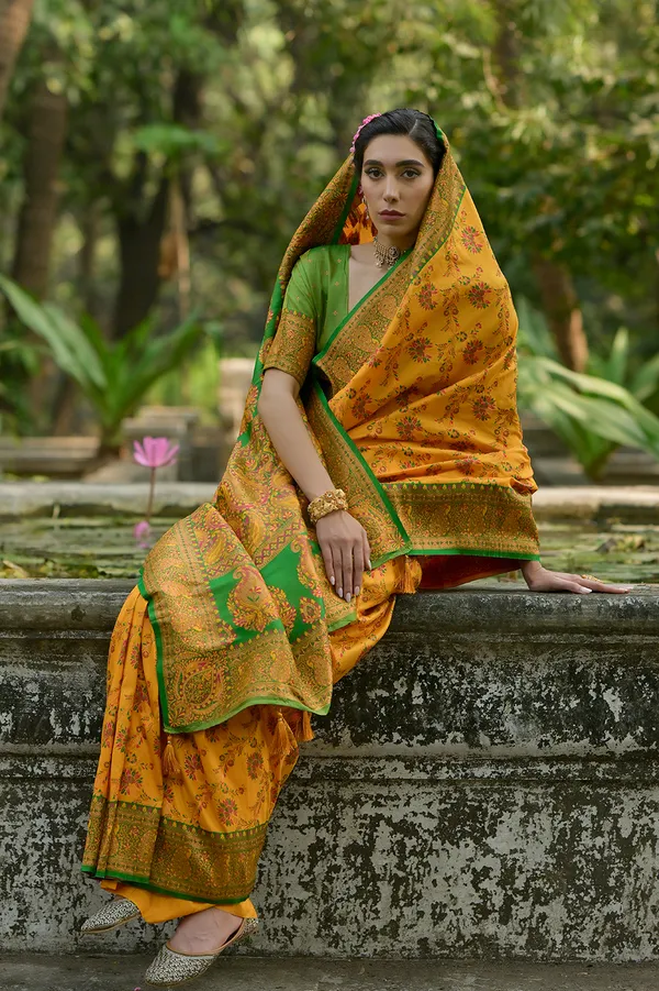 Yellow_Banarasi_Silk_Saree_With_Blouse_Piece_For_Women