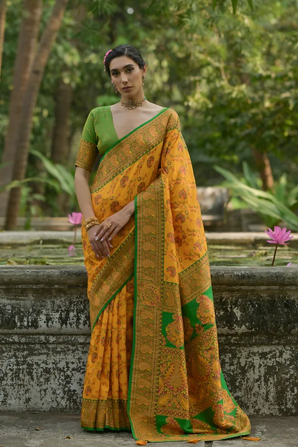 Yellow_Banarasi_Silk_Saree_With_Blouse_Piece_For_Women