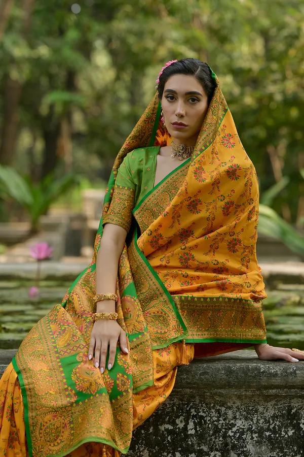 Yellow_Banarasi_Silk_Saree_With_Blouse_Piece_For_Women