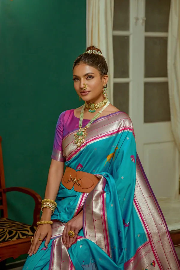 Teal_Paithani_Silk_Saree_With_Blouse_Piece_For_Women