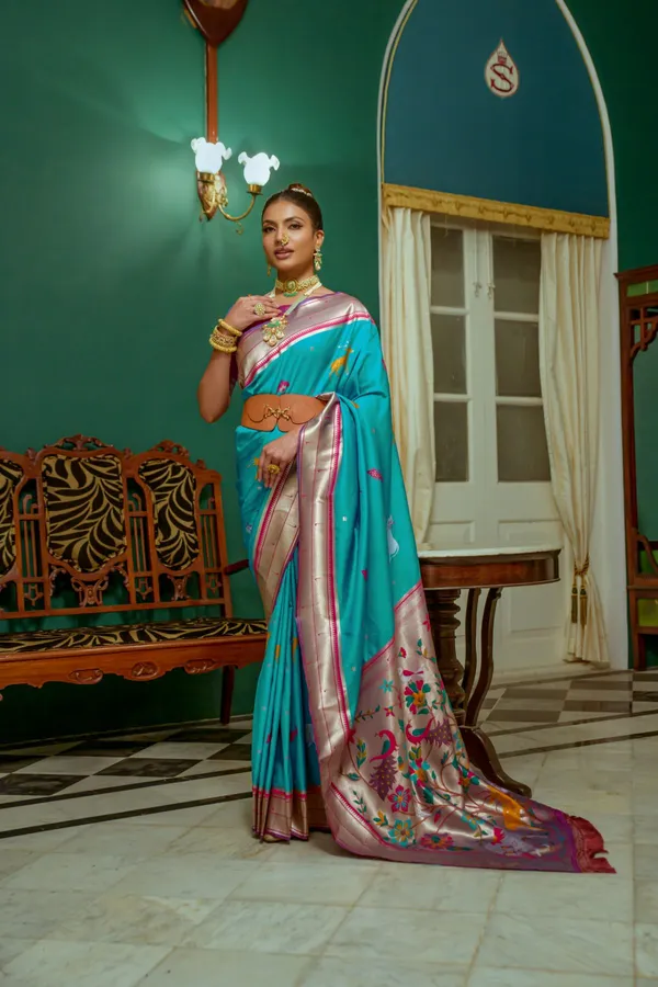 Teal_Paithani_Silk_Saree_With_Blouse_Piece_For_Women