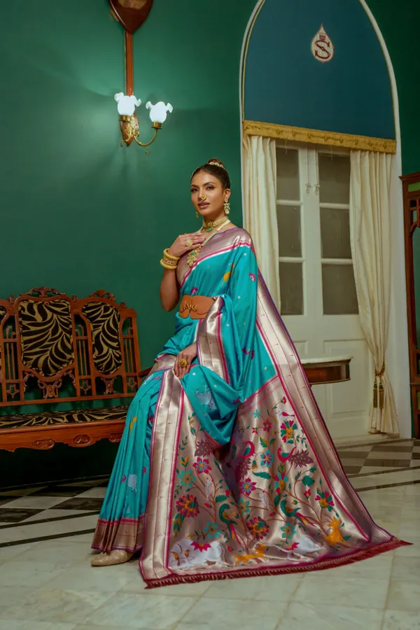Teal_Paithani_Silk_Saree_With_Blouse_Piece_For_Women