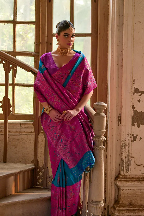 Turquoise_Banarasi_Silk_Saree_With_Blouse_Piece_For_Women