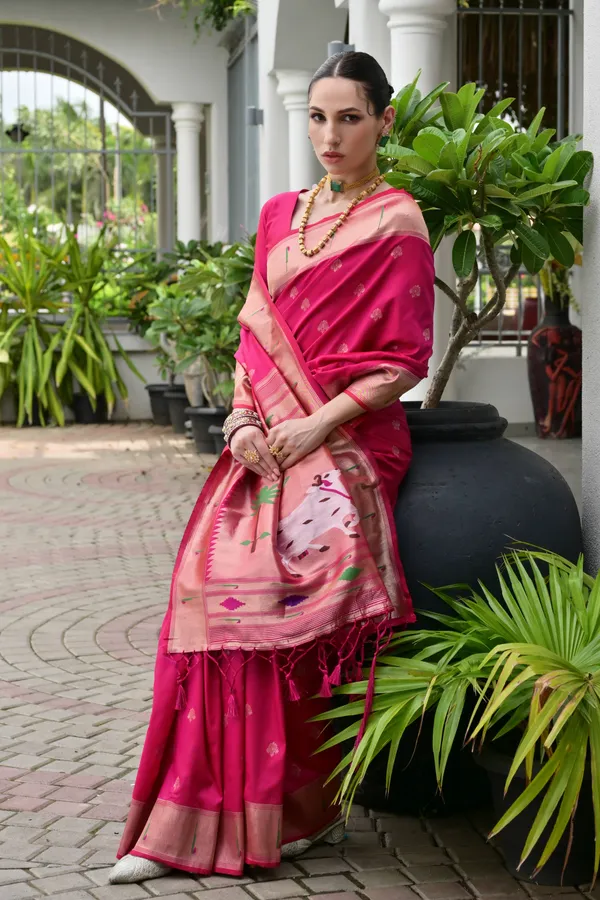 Meenakari_Weaves_Pichwai_Pallu_with_Pure_Zari_woven_Munia_Border_Paithani_Silk_Saree_with_Blouse