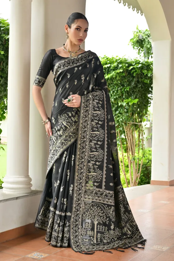 Thread_Woven_Attractive_Kalamkari_Pallu_and_Big_Border_Handloom_Raw_Silk_Saree