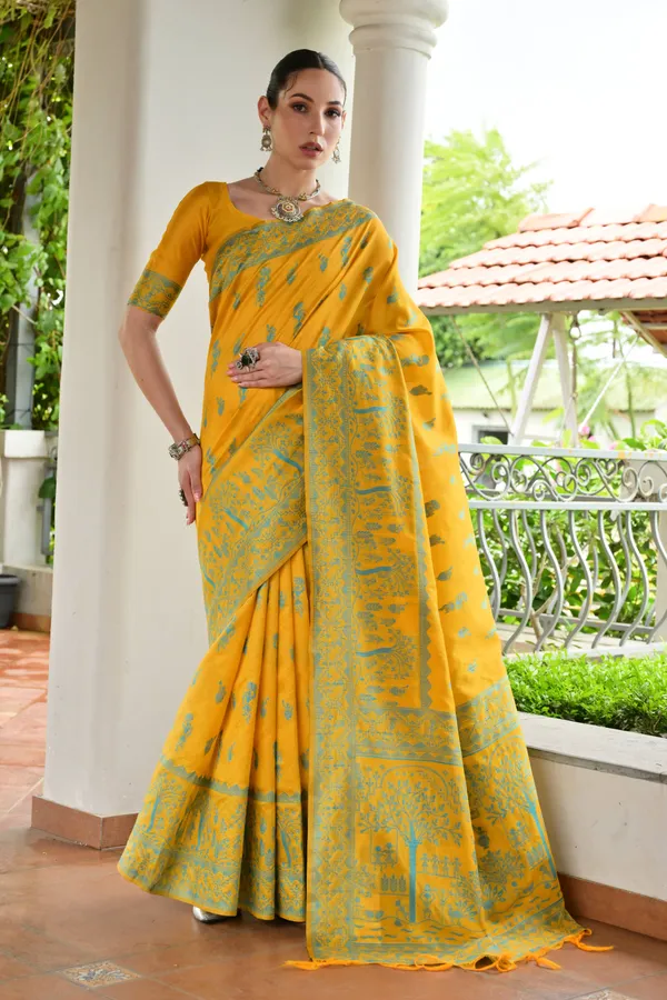 Thread_Woven_Attractive_Kalamkari_Pallu_and_Big_Border_Handloom_Raw_Silk_Saree
