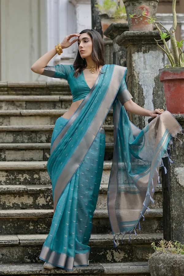 Rama_Zari_Woven_Butti_With_Border_Soft_Silk_Saree