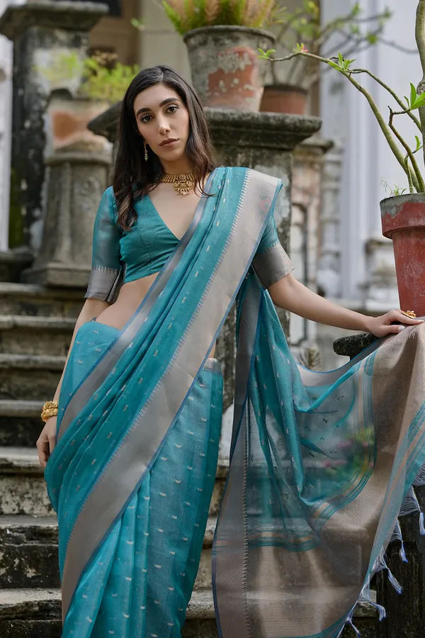 Rama_Zari_Woven_Butti_With_Border_Soft_Silk_Saree