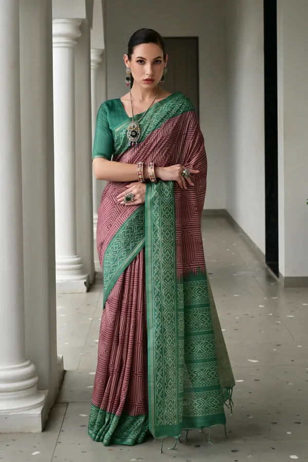 Geometry_Printed_Saree_with_Contrast_Ikkat_Pallu_and_Border_and_Solid_Blouse
