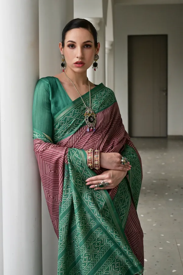 Geometry_Printed_Saree_with_Contrast_Ikkat_Pallu_and_Border_and_Solid_Blouse