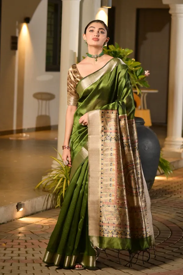 Soft_Tussar_Silk_Solid_Color_Zari_Border_Saree_with_Colourfull_Kalamkari_Print_Pallu_and_Blouse