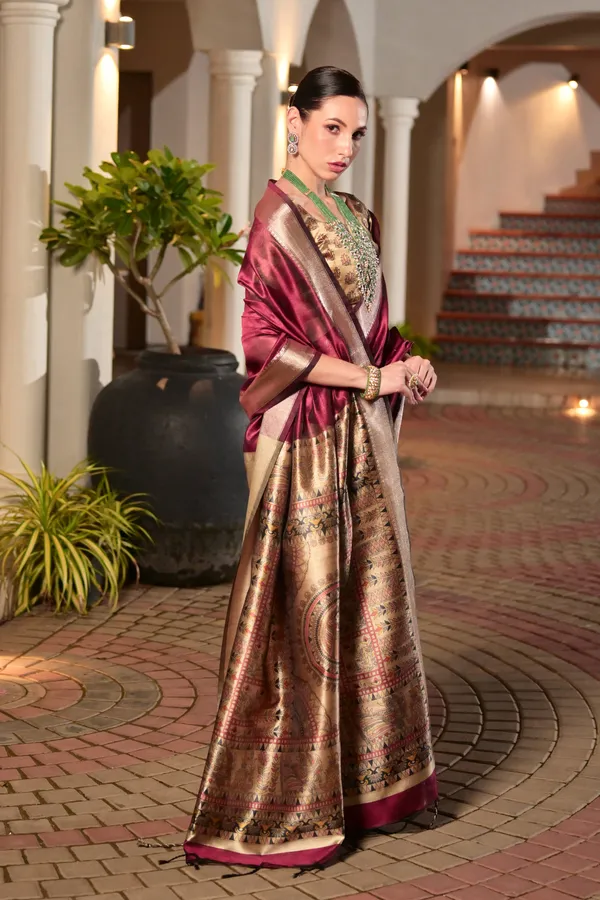 Soft_Tussar_Silk_Solid_Color_Zari_Border_Saree_with_Colourfull_Kalamkari_Print_Pallu_and_Blouse