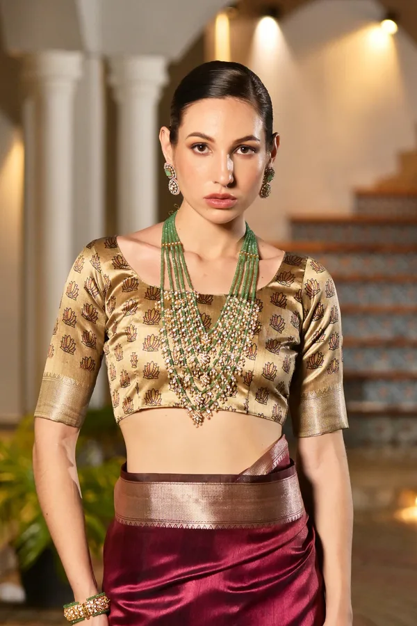 Soft_Tussar_Silk_Solid_Color_Zari_Border_Saree_with_Colourfull_Kalamkari_Print_Pallu_and_Blouse