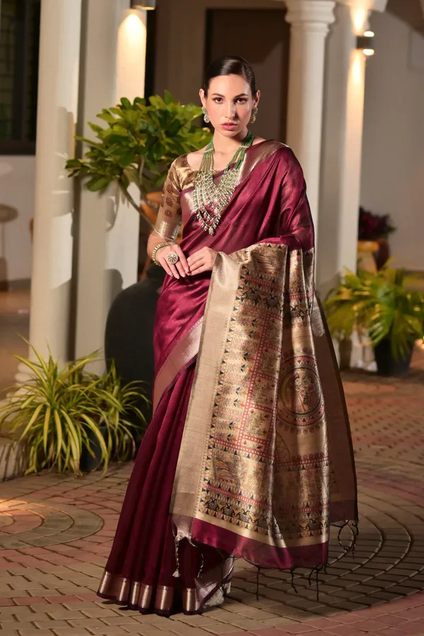 Soft_Tussar_Silk_Solid_Color_Zari_Border_Saree_with_Colourfull_Kalamkari_Print_Pallu_and_Blouse