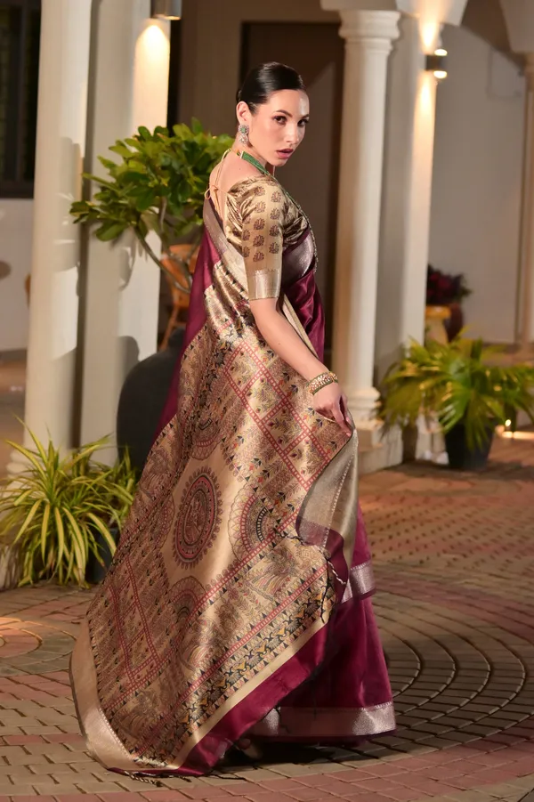 Soft_Tussar_Silk_Solid_Color_Zari_Border_Saree_with_Colourfull_Kalamkari_Print_Pallu_and_Blouse