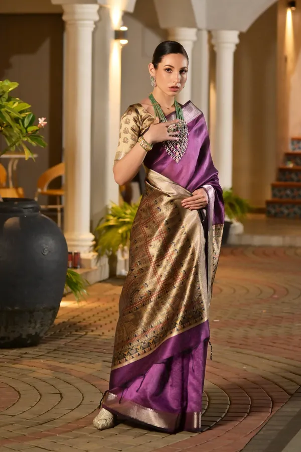 Soft_Tussar_Silk_Solid_Color_Zari_Border_Saree_with_Colourfull_Kalamkari_Print_Pallu_and_Blouse