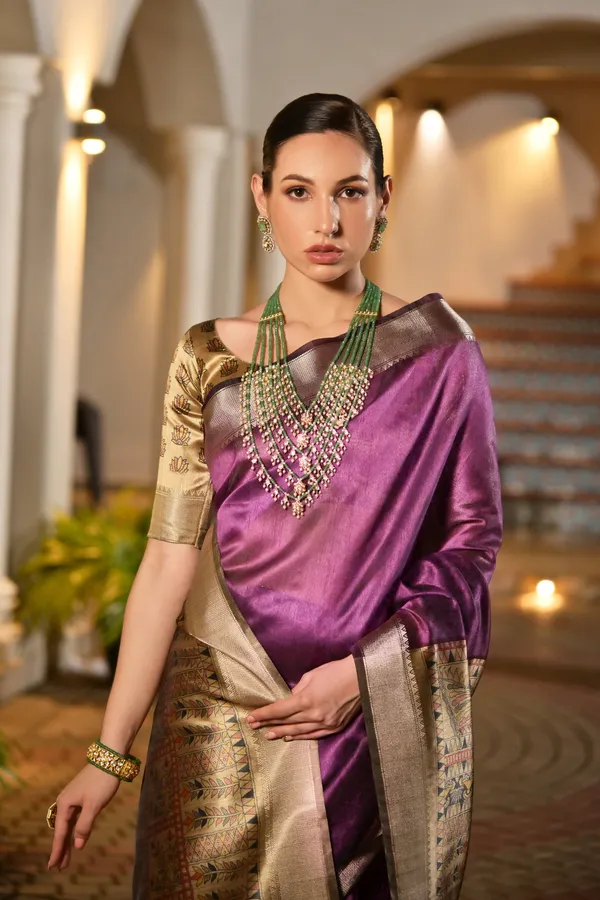 Soft_Tussar_Silk_Solid_Color_Zari_Border_Saree_with_Colourfull_Kalamkari_Print_Pallu_and_Blouse