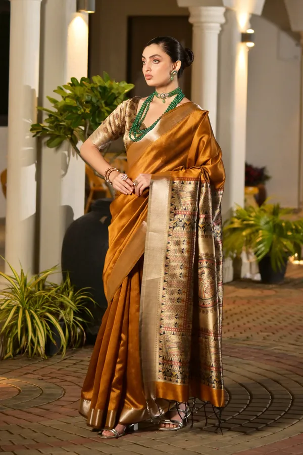 Soft_Tussar_Silk_Solid_Color_Zari_Border_Saree_with_Colourfull_Kalamkari_Print_Pallu_and_Blouse