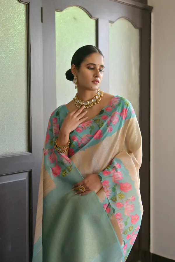 Turquoise_Banarasi_Silk_Saree_With_Blouse_Piece_For_Women