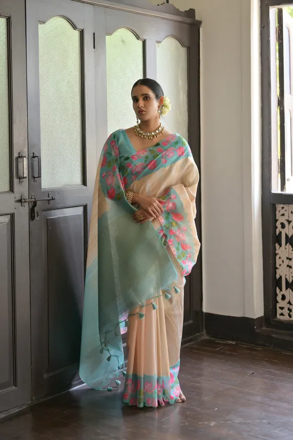 Turquoise_Banarasi_Silk_Saree_With_Blouse_Piece_For_Women