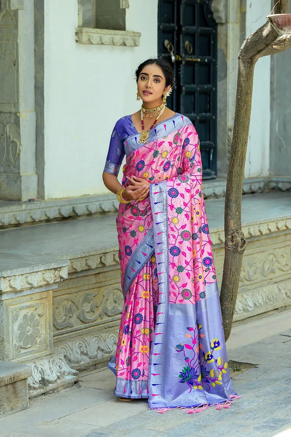 Pink_Paithani_Silk_Saree_With_Blouse_Piece_For_Women