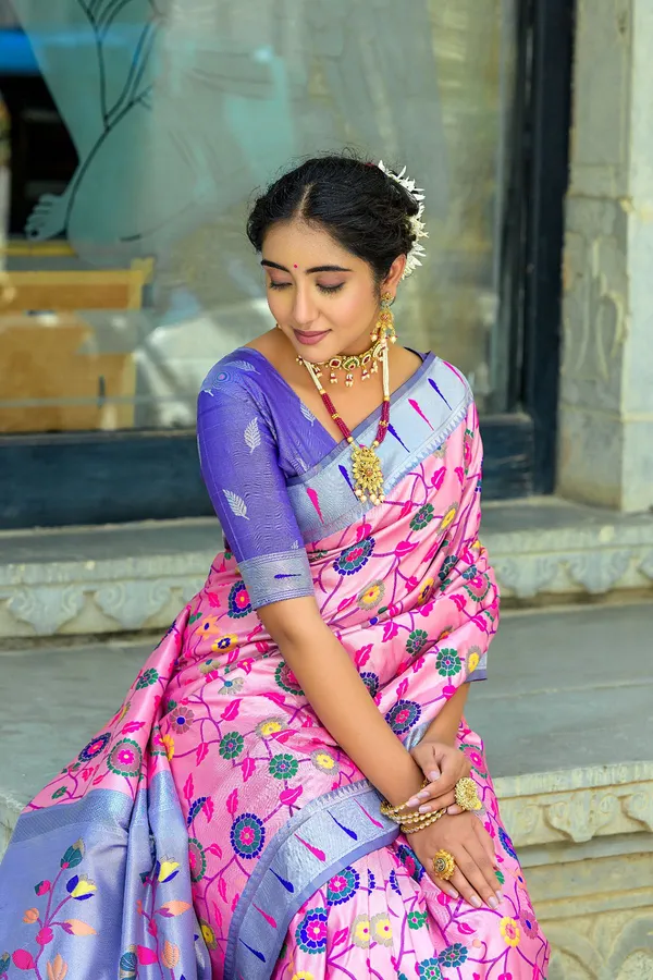 Pink_Paithani_Silk_Saree_With_Blouse_Piece_For_Women